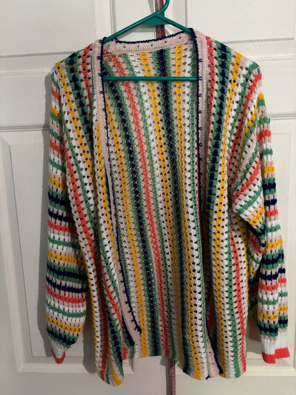 SHEIN Multicolor Striped Crochet Cardigan - Cream, Green, Yellow, Coral, Navy
